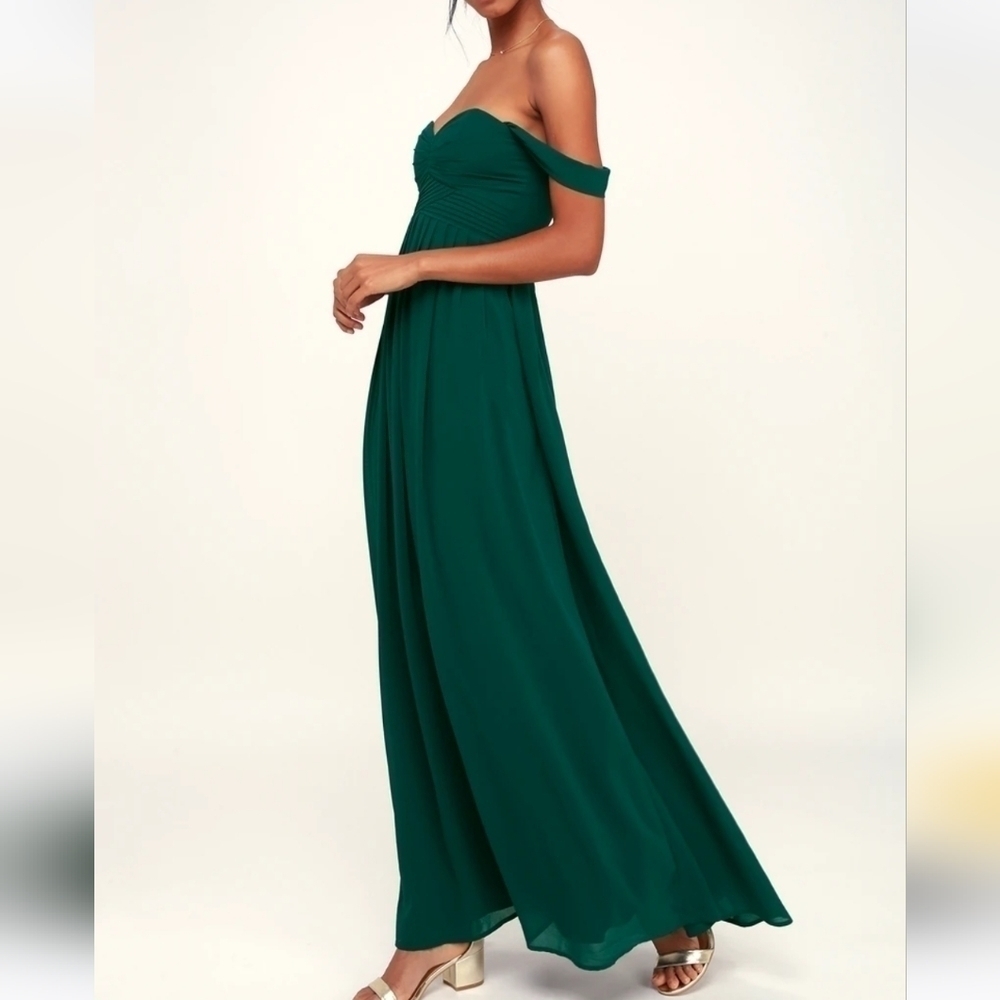 NWT Lulu's Harmonious Love Forest Green Off-the-Shoulder Maxi Dress Small - Picture 2 of 14